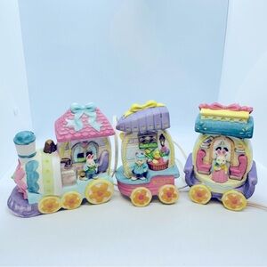 VTG Bunny Towne Village 3-Piece Train Set Hand Painted Porcelain w/ Original Box